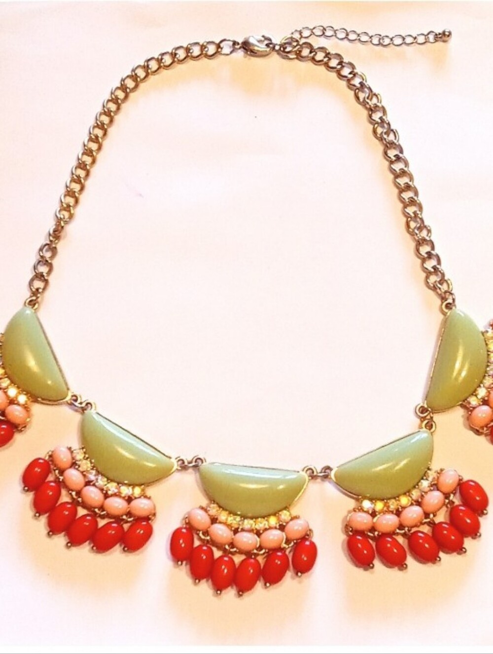 Green Peach Collar Statement Necklace W/Gold Tone & Rhinestones